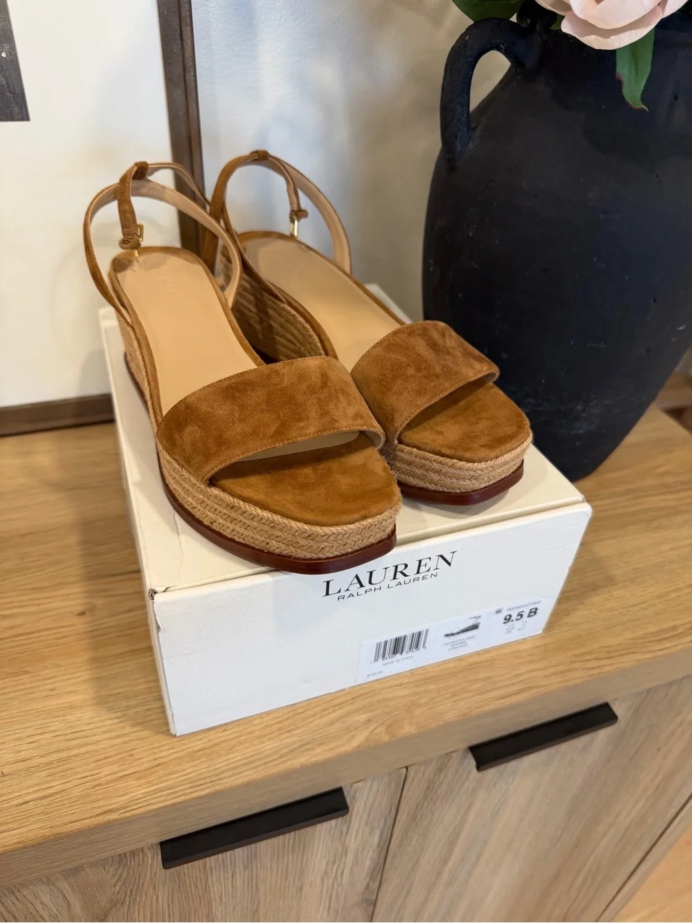 Ralph Lauren Cognac Suede Espadrille Platform Sandals